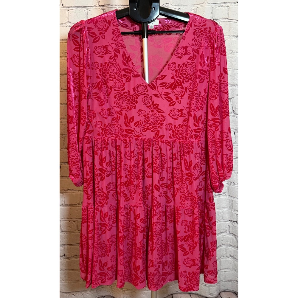 Umgee Pink Floral Burnout Velvet‎ Babydoll Tiered Mini Dress V-Neck Large